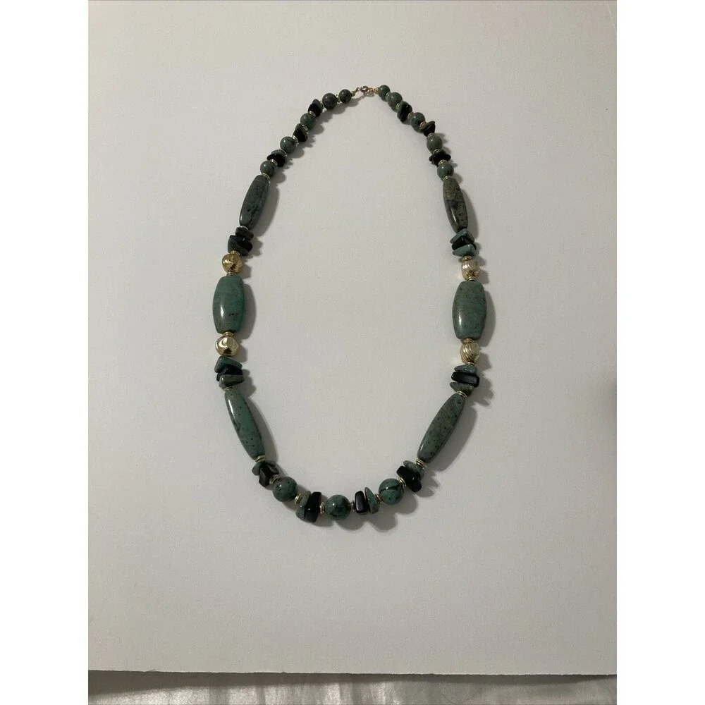 Green Black Gold Round Oval Faux Stone Long Beaded String Bohemian Necklace